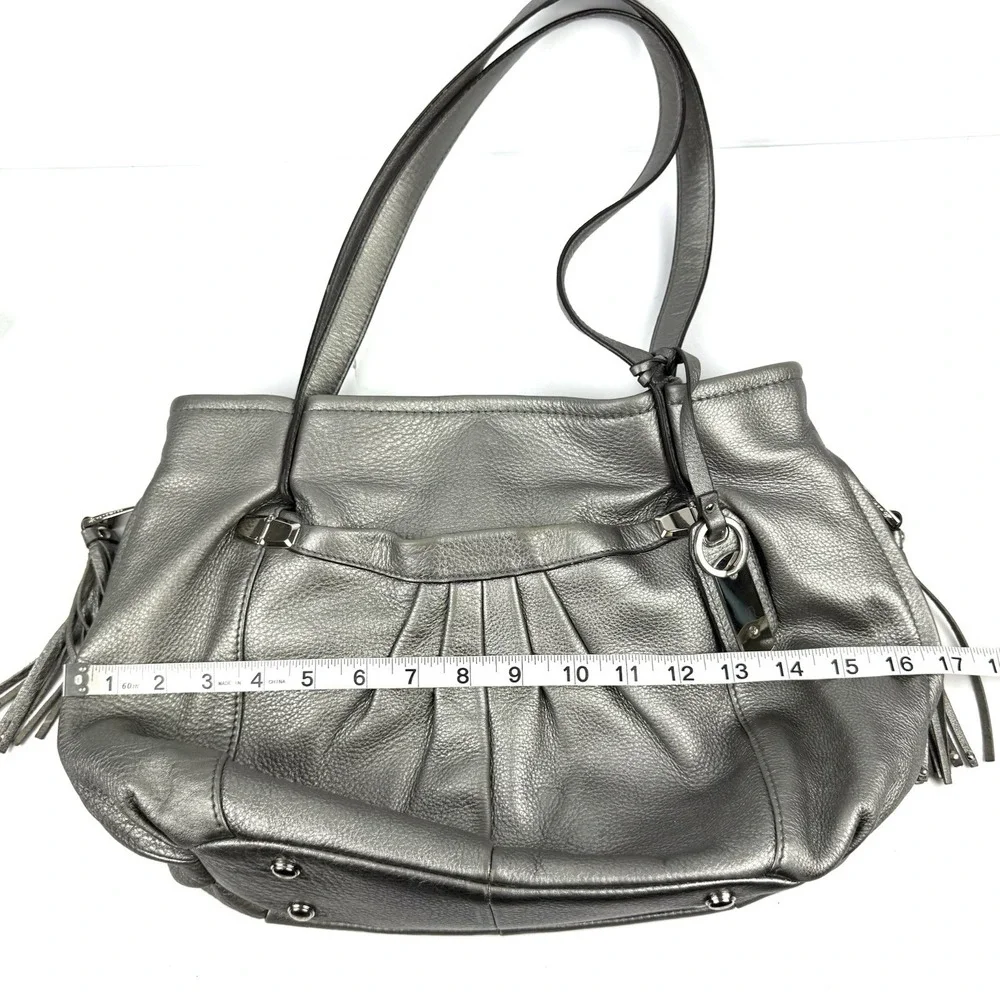B Makowsky Hobo Handbag Metallic Silver Leather Tasseled Boho Chic Everyday Bag